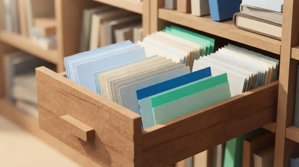 Archivkartothek mit herausgezogenen Karteikarten