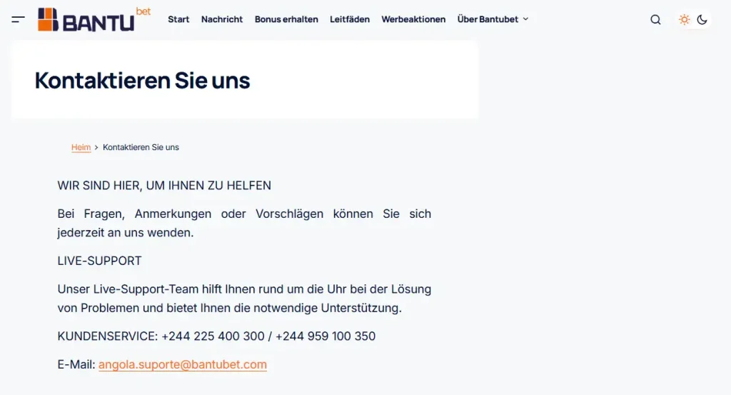 BantuBet-Kontaktbereich mit Telefon- und E-Mail-Angaben