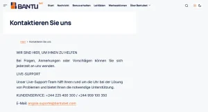 BantuBet-Kontaktbereich mit Telefon- und E-Mail-Angaben
